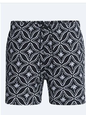 NWT Free Assembly Men's 5" Swim Trunks Seersucker Palm Tree Print Black White